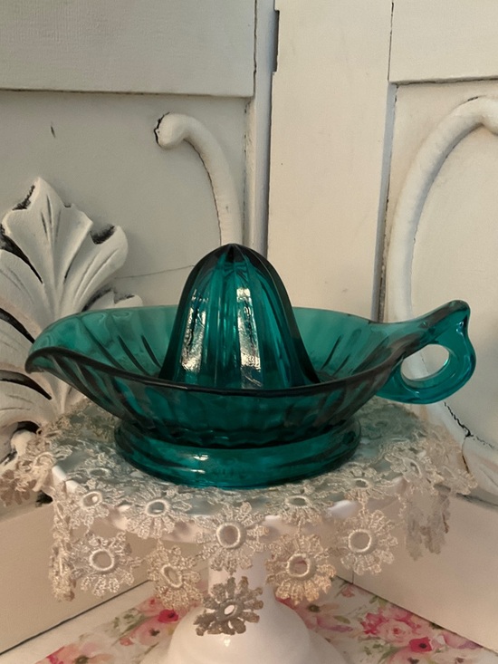 Jenette Other - Teal Glass Citrus Juicer - Depression Glass Reemer